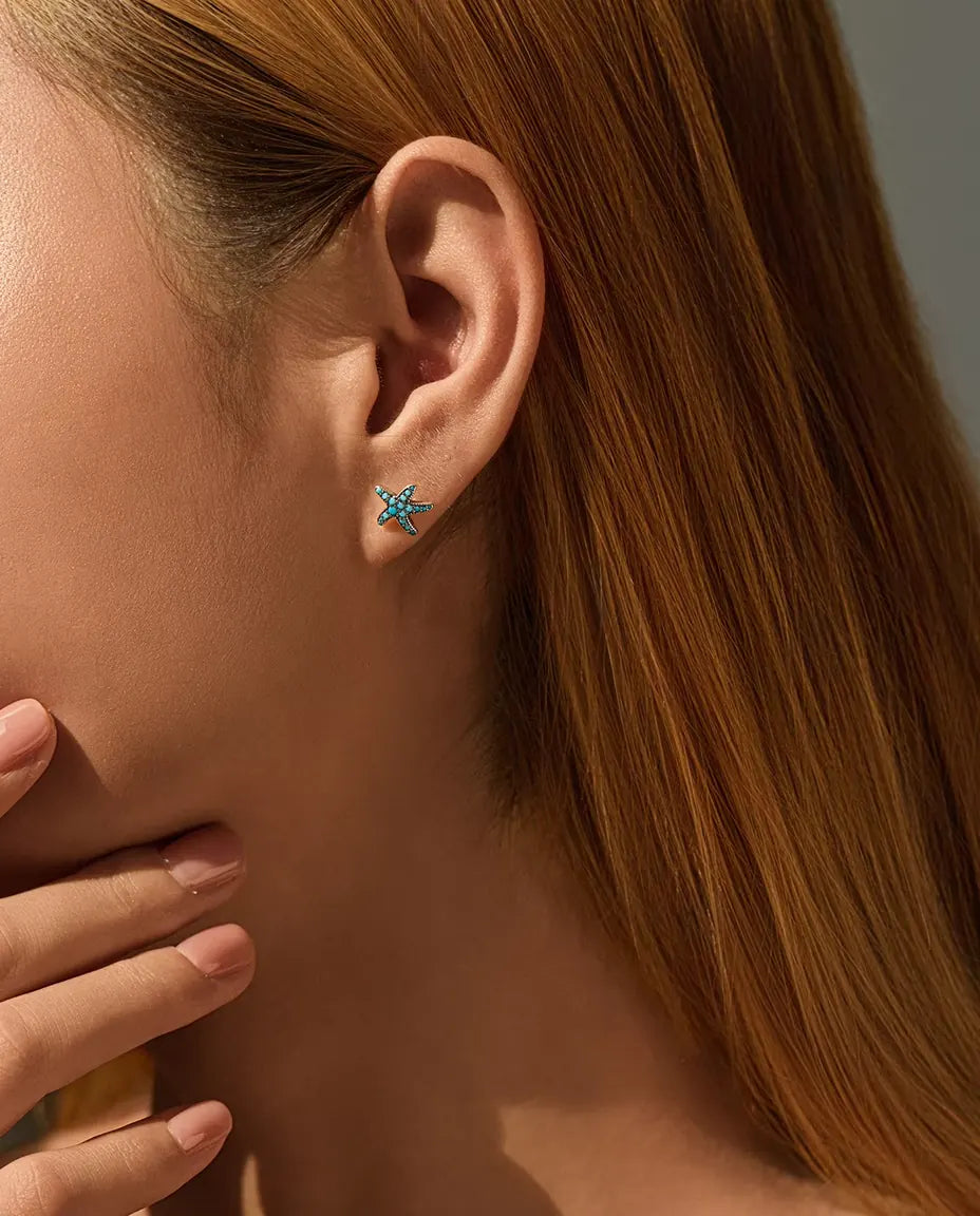 Zeester Oorstekers met Turkoois - 10 mm in geoxideerd 925 sterling zilver met turkooisblauw pavé
