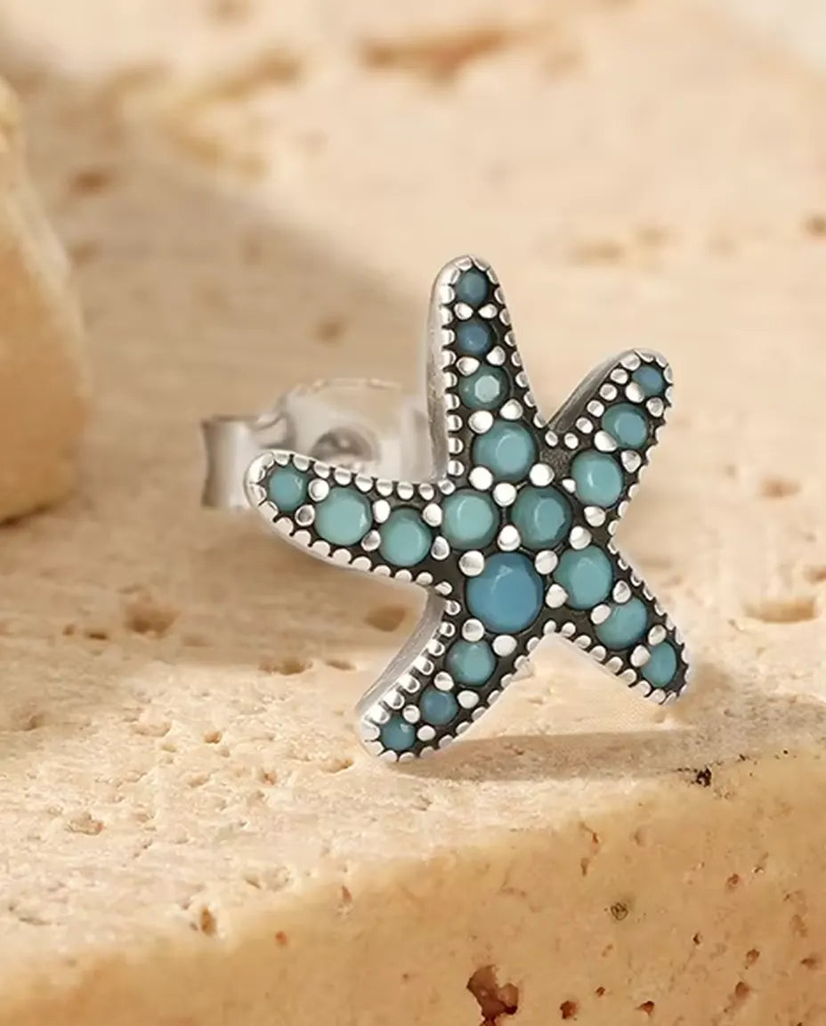 Zeester Oorstekers met Turkoois - 10 mm in geoxideerd 925 sterling zilver met turkooisblauw pavé
