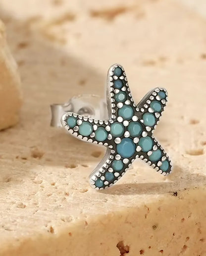 Zeester Oorstekers met Turkoois - 10 mm in geoxideerd 925 sterling zilver met turkooisblauw pavé