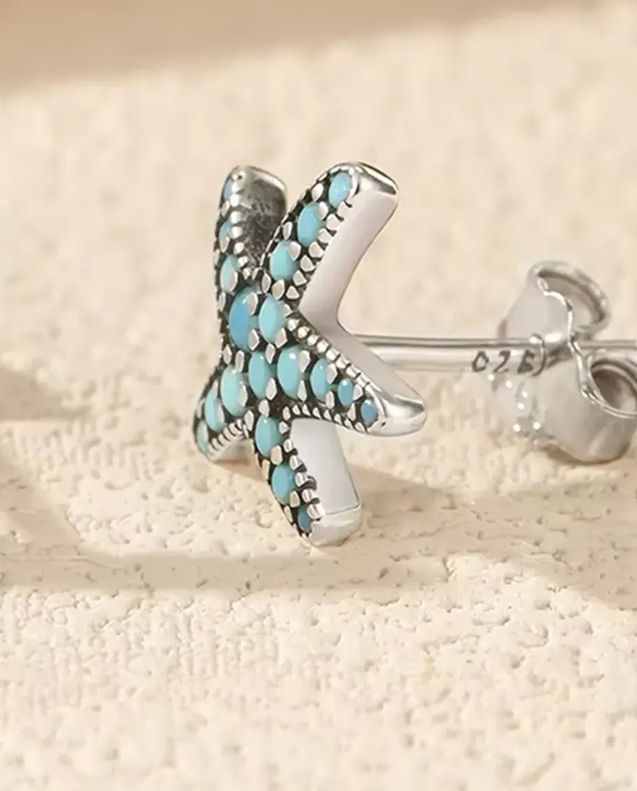 Zeester Oorstekers met Turkoois - 10 mm in geoxideerd 925 sterling zilver met turkooisblauw pavé