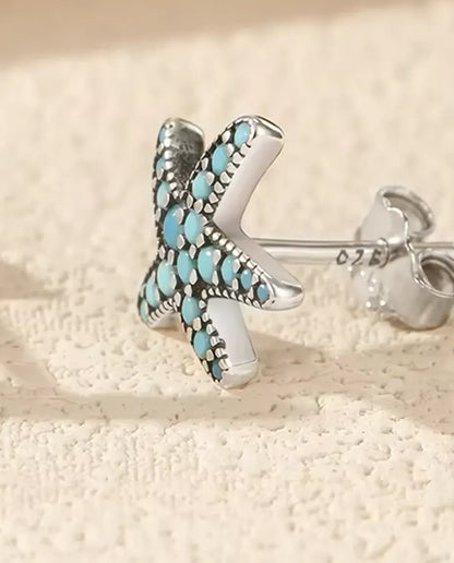 Zeester Oorstekers met Turkoois - 10 mm in geoxideerd 925 sterling zilver met turkooisblauw pavé