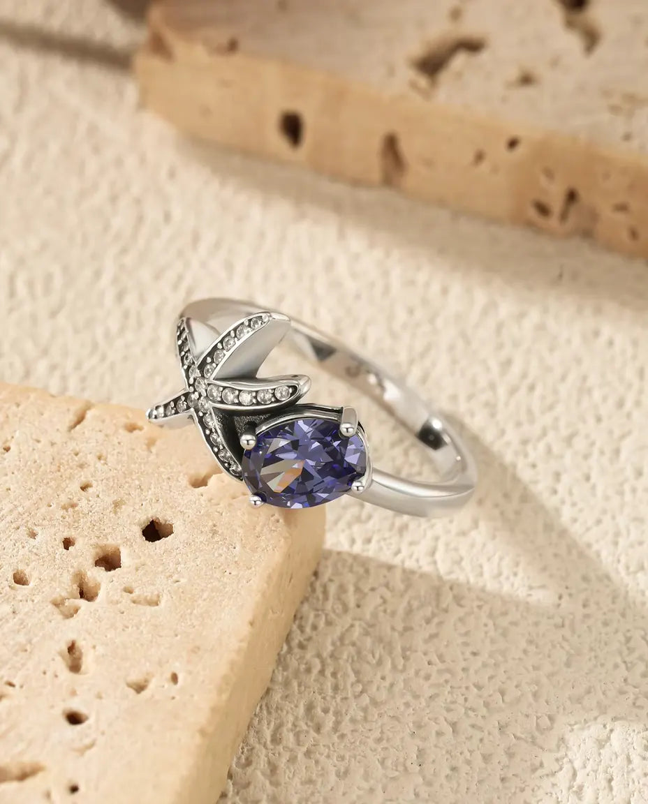 Zeester Ring - ovale violette zirkonia 5 x 7 mm met pavé ster, maten 5 tot 9, 925 sterling zilver