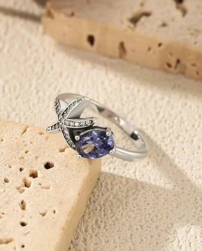 Zeester Ring - ovale violette zirkonia 5 x 7 mm met pavé ster, maten 5 tot 9, 925 sterling zilver