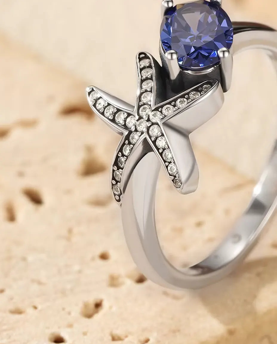Zeester Ring - ovale violette zirkonia 5 x 7 mm met pavé ster, maten 5 tot 9, 925 sterling zilver