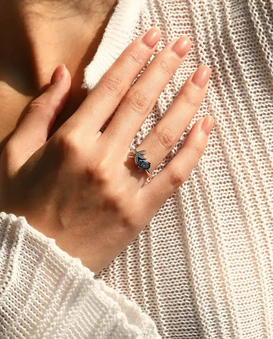 Zeester Ring - ovale violette zirkonia 5 x 7 mm met pavé ster, maten 5 tot 9, 925 sterling zilver