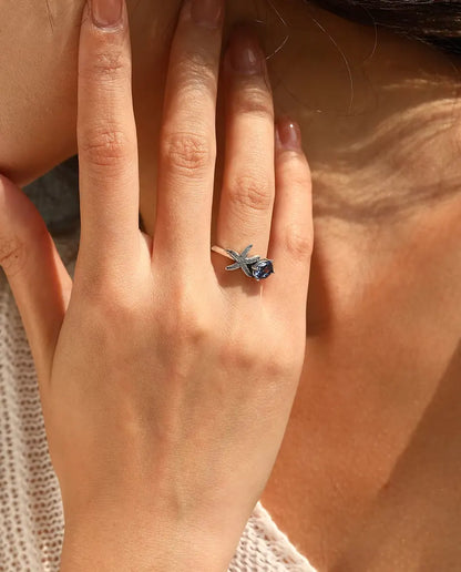 Zeester Ring - ovale violette zirkonia 5 x 7 mm met pavé ster, maten 5 tot 9, 925 sterling zilver