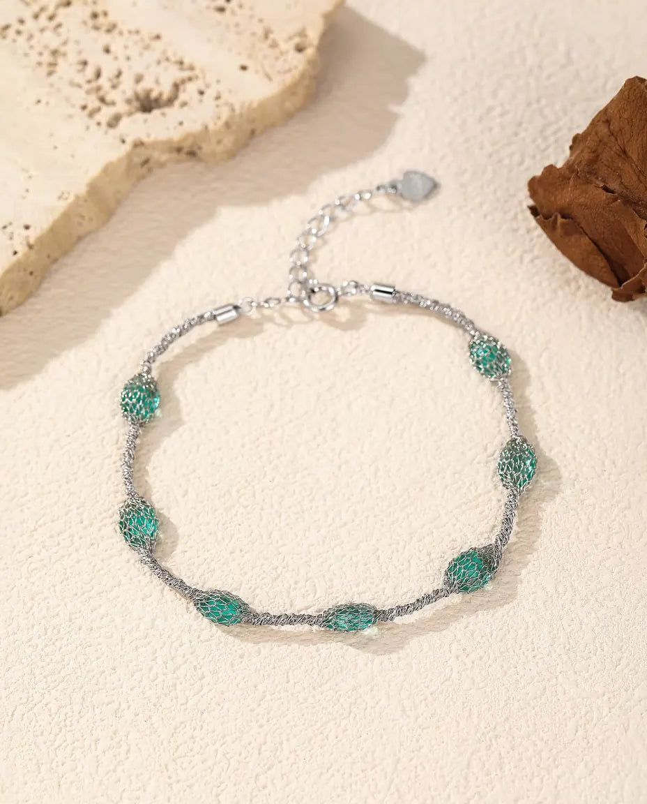 Zirkonia Armband in 925 Sterling Zilver - versie met groene zirkonia, dichterbij het zilveren gaas