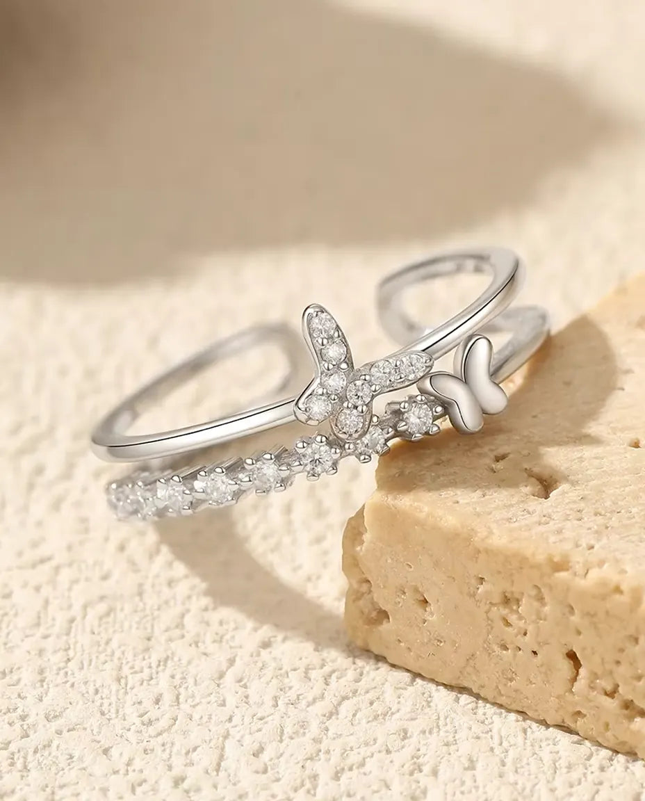Zirkonia vlinder ring - twee vlinders op een dubbel draad met pavélijn, verstelbaar, 925 sterling zilver, US 6 t/m 9